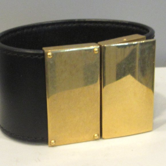 CELINE $710 New Wide Leather with signature clasp BRACELET  Black / Brass S - M - Picture 1 of 5